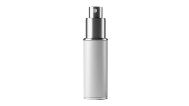 Elegant mockup of a white glass cosmetic container with a silver dispenser, isolated on a transparent background