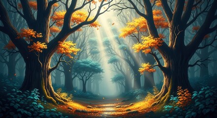 Fototapeta premium Enchanting forest path illuminated by ethereal sunbeams piercing through ancient, gnarled trees with vibrant orange autumn foliage creating a magical, mysterious gateway into the deep woods