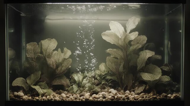 Aquarium scene with plants, bubbles, and gravel on the bottom