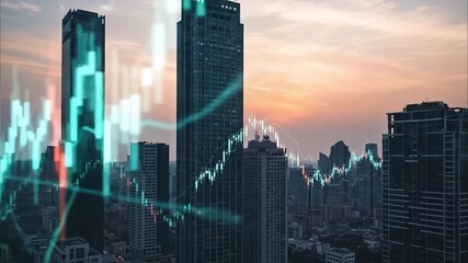 Digital financial data charts overlaying a modern city skyline at sunset, representing global market trends and economic growth in an urban landscape - Powered by Adobe