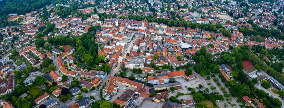Aerial view of the old town of the city Erding in Germany, Bavaria on a sunny spring day mrning.