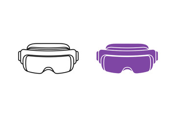 Set of two virtual reality headset icons, one outline and one solid purple, representing modern immersive technology and digital entertainment isolated on