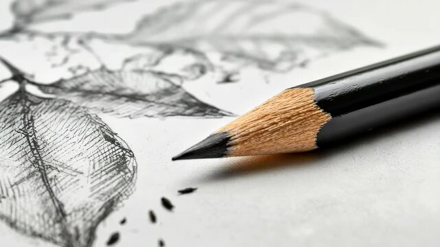 Sharp pencil lies next to sketched tree on paper, with graphite shavings visible