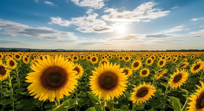 Vibrant sunflower field under a bright blue sky with fluffy clouds