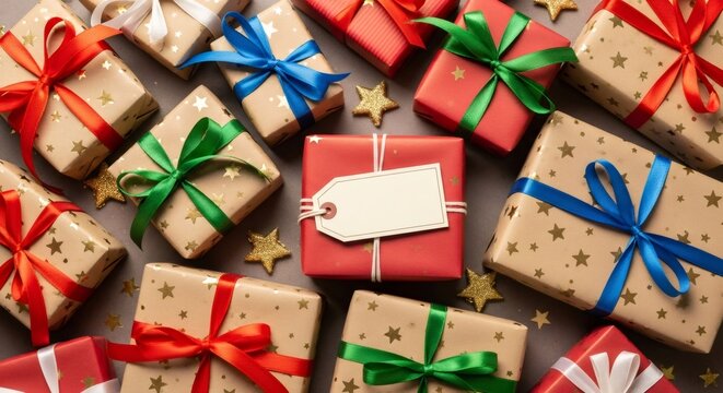 Group of colorful christmas gift boxes with a blank tag on one red box. Holiday celebration concept for greeting card design. - Powered by Adobe