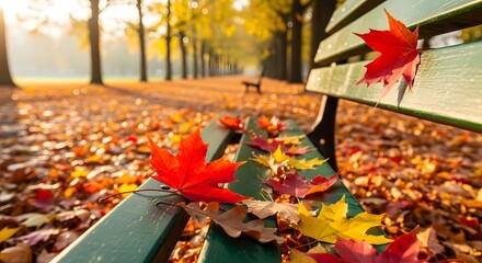 Autumn park bench covered in colorful fallen leaves on a sunny day