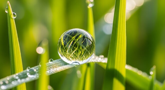 Macro shot of a water droplet on grass reflecting greenery