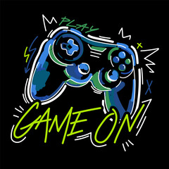 Illustration print for t-shirt with game joystick. Vector illustration for boys. Gamer design t-shirt