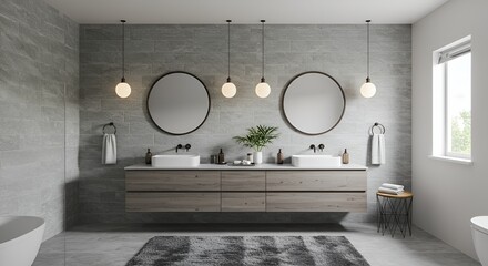 A serene and minimalist bathroom features gray stone walls, double sinks, and warm pendant lighting.
