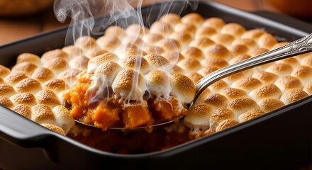 Steaming sweet potato casserole with toasted marshmallows being served with ornate spoon.