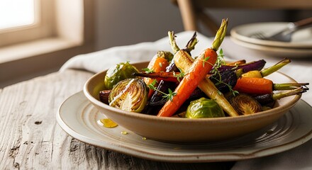Roasted vegetables in a rustic bowl exhibit a warm, comforting vibe with natural window light.