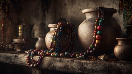 Artisan Treasures: A close-up showcases handcrafted pottery and intricate beaded jewelry, embodying the charm of artisanal skill and heritage.