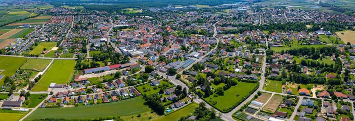 Aerial panorama view of the old town and city Gundelfingen an der Donau in Germany, Bavaria on a sunny noon spring day