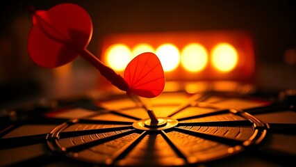 bullseye. A red dart hitting the center of a dartboard with sunset glow and dramatic lighting. inspiring travel planning, event key visuals, designed for sports event promotions and stadium branding.