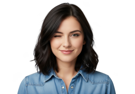 Young woman winking isolated on transparent background