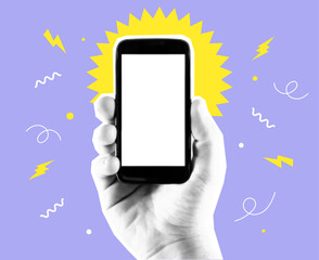 Collage halftone human hand holding smart phone with scribbles