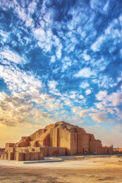 ziggurat. Ancient ziggurat tower rising from plains against a dramatic sky during the golden hour. real-estate listings.
