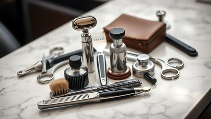 clipper. Professional barber tools arranged on a marble surface in an elegant studio lighting setup. safety posters.