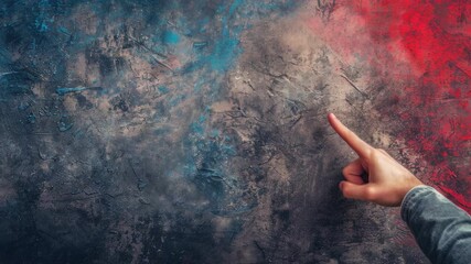 Hand pointing towards textured wall with blue and red colors