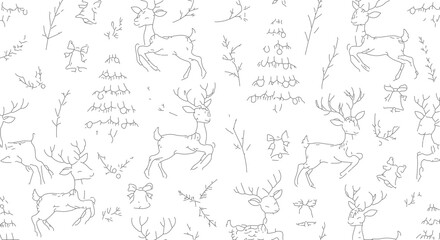 Fototapeta premium Hand Drawn Sketchy Christmas Deer and Pine Trees Seamless Pattern.