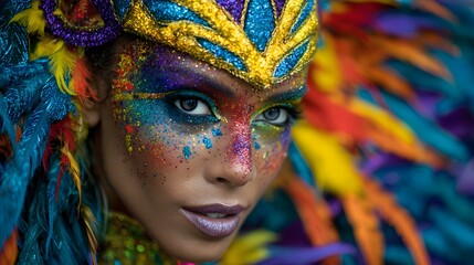 Vibrant Carnival Beauty: Captivating close-up portrait of a woman adorned in dazzling carnival makeup and ornate headpiece, embodying the spirit of celebration and cultural expression.