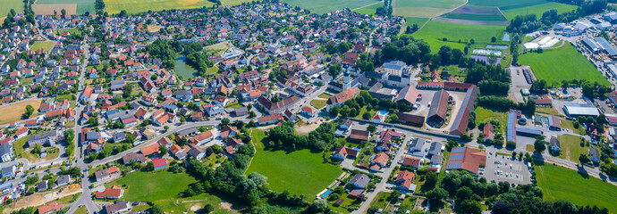 Aerial view of the city K&uuml;hlbach in Germany, Bavaria on a sunny afternoon spring day