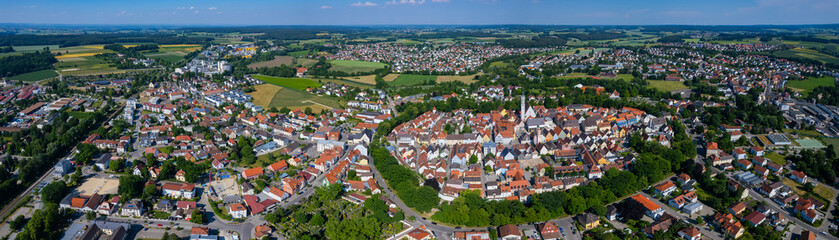 Aerial view around the city Schrobenhausen in Germany., Bavaria on a sunny afternoon in spring.