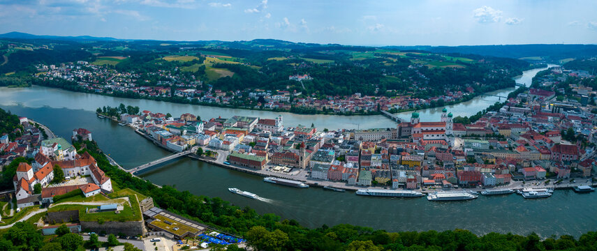 Aerial view of the old town and city Passau in Germany, Bavaria on a sunny noon spring day