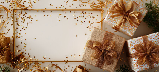 Golden Gift Frame: Overhead shot capturing a festive tableau, with neatly wrapped gift boxes adorned with shimmering ribbons, scattered golden confetti.
