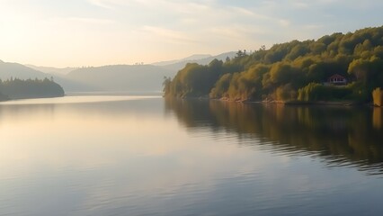 anchorage. A serene natural harbor at a river bend, calm water reflecting the morning sky. travel magazines, destination branding, designed for travel destination branding, used by recruiters.