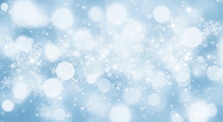 Obraz premium Abstract light blue winter background with sparkling bokeh effect and falling snowflakes for a festive holiday season greeting card or banner design