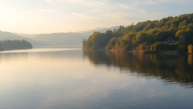 anchorage. A serene natural harbor at a river bend, calm water reflecting the morning sky. travel magazines, destination branding, designed for travel destination branding, used by recruiters.