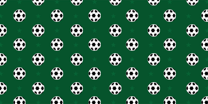 Soccer Ball Seamless Pattern. Soccer balls over green field. Seamless background. Vector illustration