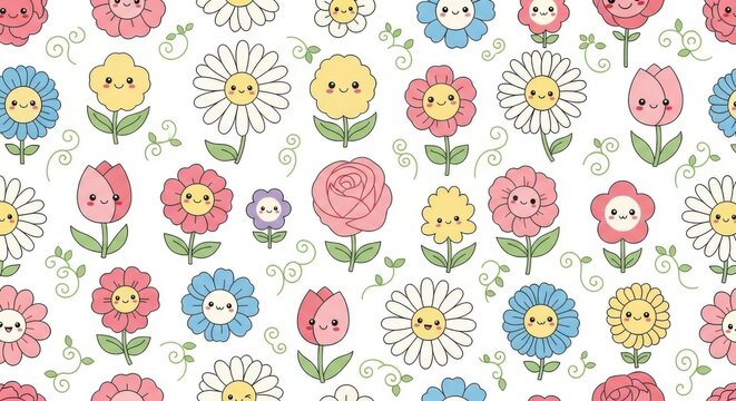 Whimsical Floral Pattern Featuring Cute Smiling Flowers and Soft Pastel Colors for Children's