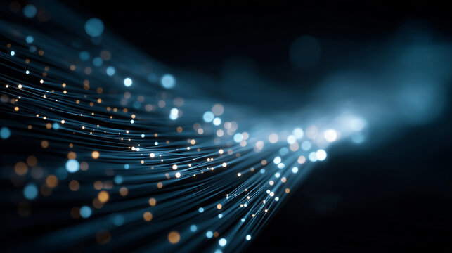 Fiber Optic Data Stream: Abstract fiber optic data streams, conveying complex information through a mesmerizing dance of light and technology. This represents innovation in the digital age.