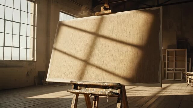 Empty Canvas on Wooden Easel in Sunlit Industrial Art Studio Space timelapse