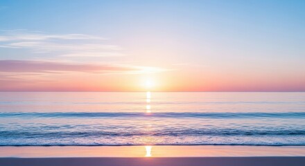 Serene ocean sunrise or sunset with soft pastel colors reflecting on the calm water and wet sand at the shore, creating a tranquil and beautiful natural landscape