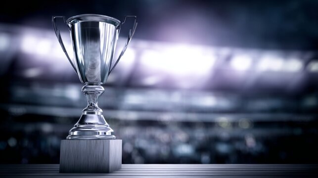 celebratio. A prestigious soccer trophy illuminated under dramatic and atmospheric stadium lights. event key visuals, club posters, designed for sports event promotions and stadium branding.
