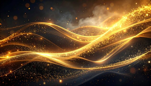 Dynamic waves of shimmering gold particles and luminous light streaks creating an abstract, elegant background design