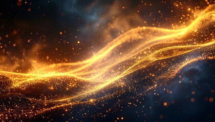 Abstract waves of sparkling golden dust particles illuminate the dark starry sky in a cosmic, mystical, and ethereal display