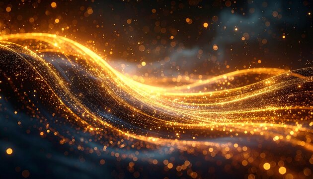 Abstract golden particle wave flowing through digital space with glowing light trails and sparkling bokeh effect