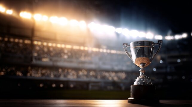 celebratio. A prestigious soccer trophy illuminated under dramatic and atmospheric stadium lights. event key visuals, club posters, designed for sports event promotions and stadium branding.
