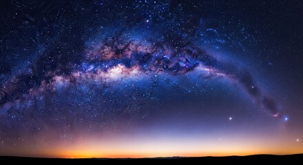 Stunning panoramic view of the bright milky way galaxy arching over a dark horizon under a clear night sky filled with countless stars and cosmic dust