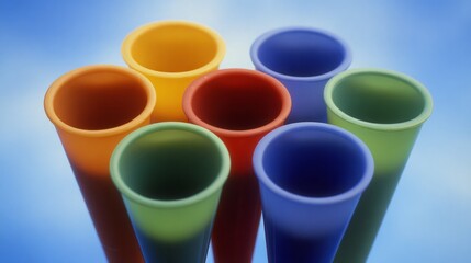 noisemakers. Colorful party horns arranged neatly on a soft blue background for festive occasions. lifestyle magazines.
