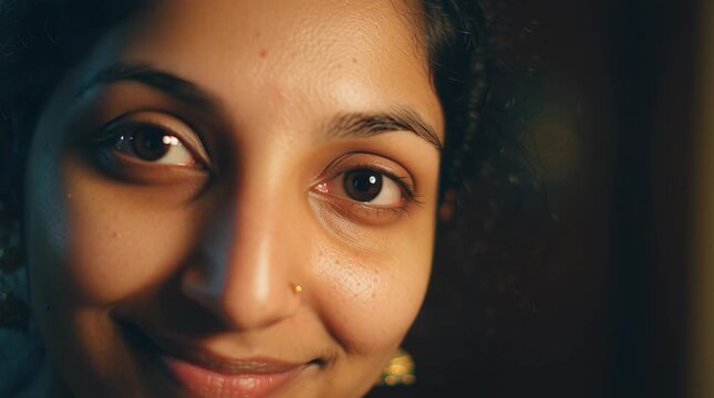 Cinematic close up portrait of a beautiful smiling young Indian woman.