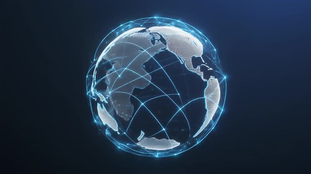 Rotating Digital Globe with Glowing Network Lines in Futuristic Technology Loop