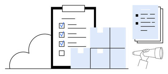 Checklist with marked tasks, stack of boxes, hand holding telescope, document set, cloud outline. Ideal for logistics, planning, inventory management, strategy goals organization simplicity