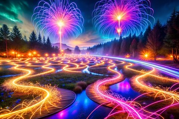 Scenic Landscape at Night Illuminated by Fireworks Creates Serene Rural Scene with Glowing Lights along Riverbank and Reflection in Water
