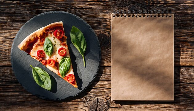 Delicious Slice of Margherita Pizza and a Blank Notepad on a Rustic Wooden Table