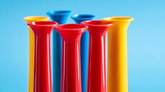 noisemakers. Colorful party horns arranged neatly on a soft blue background for festive occasions. lifestyle magazines.
